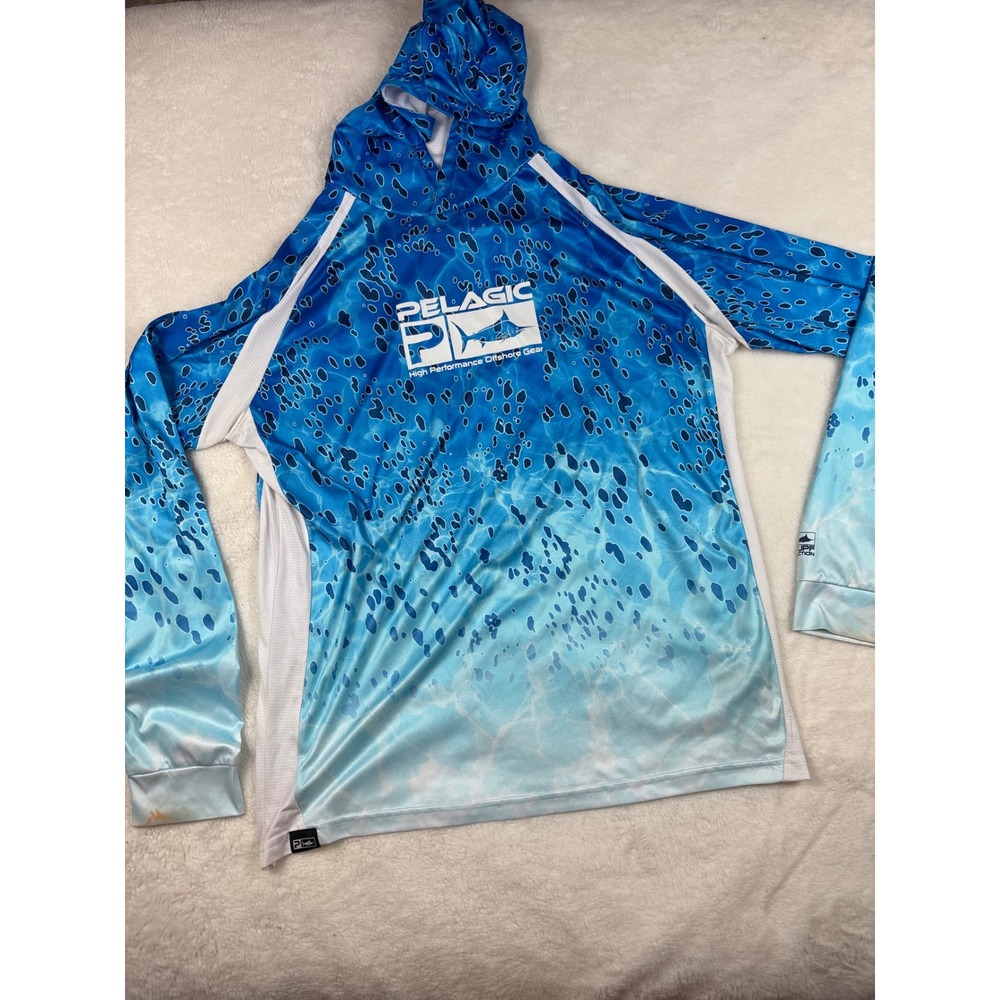 Pelagic VaporTek Fishing Hoodie Mens Large Blue Camo UPF 50 Sun Shirt Offshore